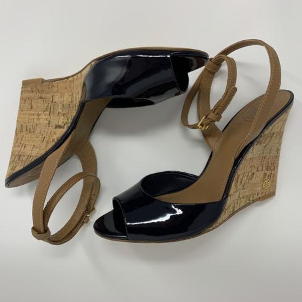 Tory Burch Ashton Patent Cork Wedge Sandals Heels